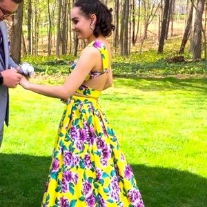 Yellow Floral Rachel Allan Two Piece Gown